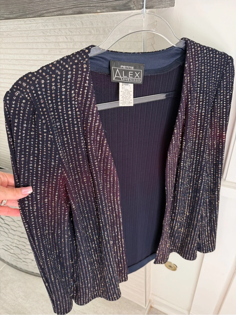 Alex Evenings Navy Metallic-Strip Open Front Petite Blazer
